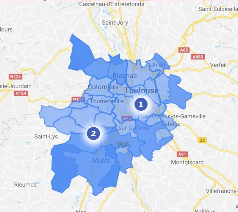 Carte de la zone d'intervention des serruriers Artisans Toulousains autour de Toulouse